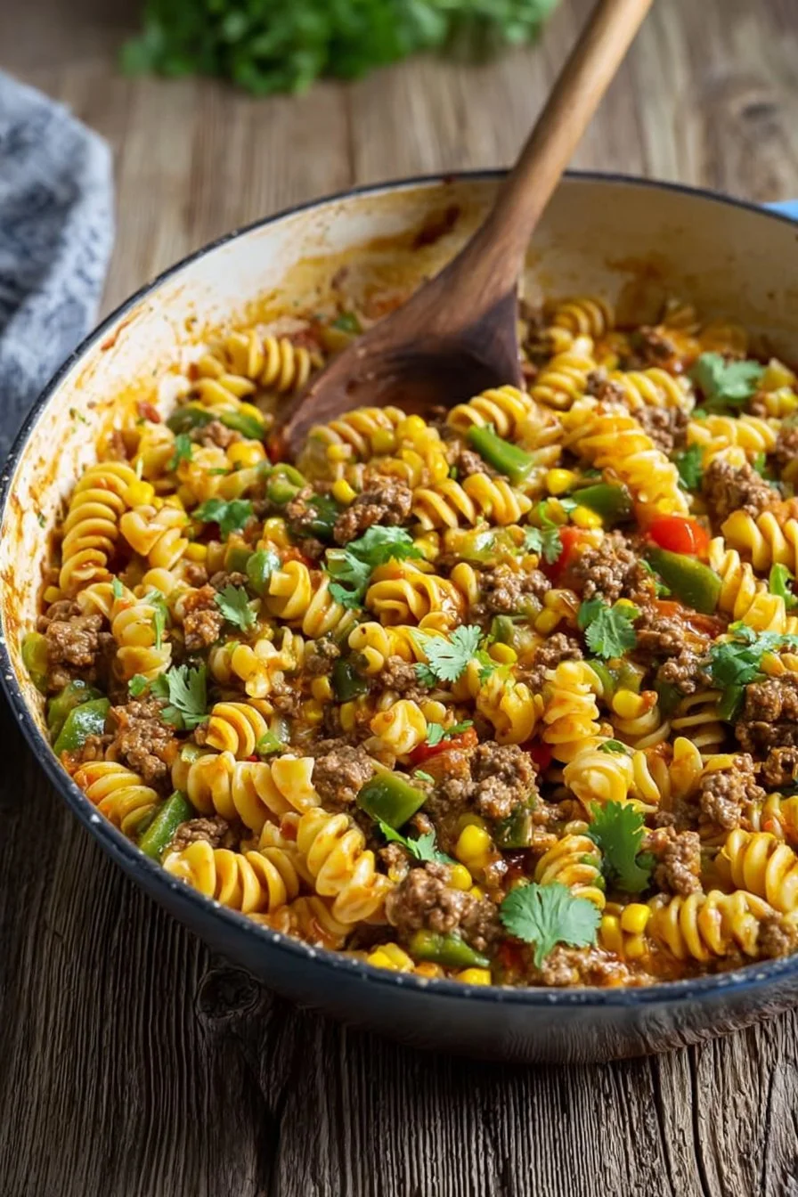 One Pot Taco Beef Pasta served in a bowl with toppings
