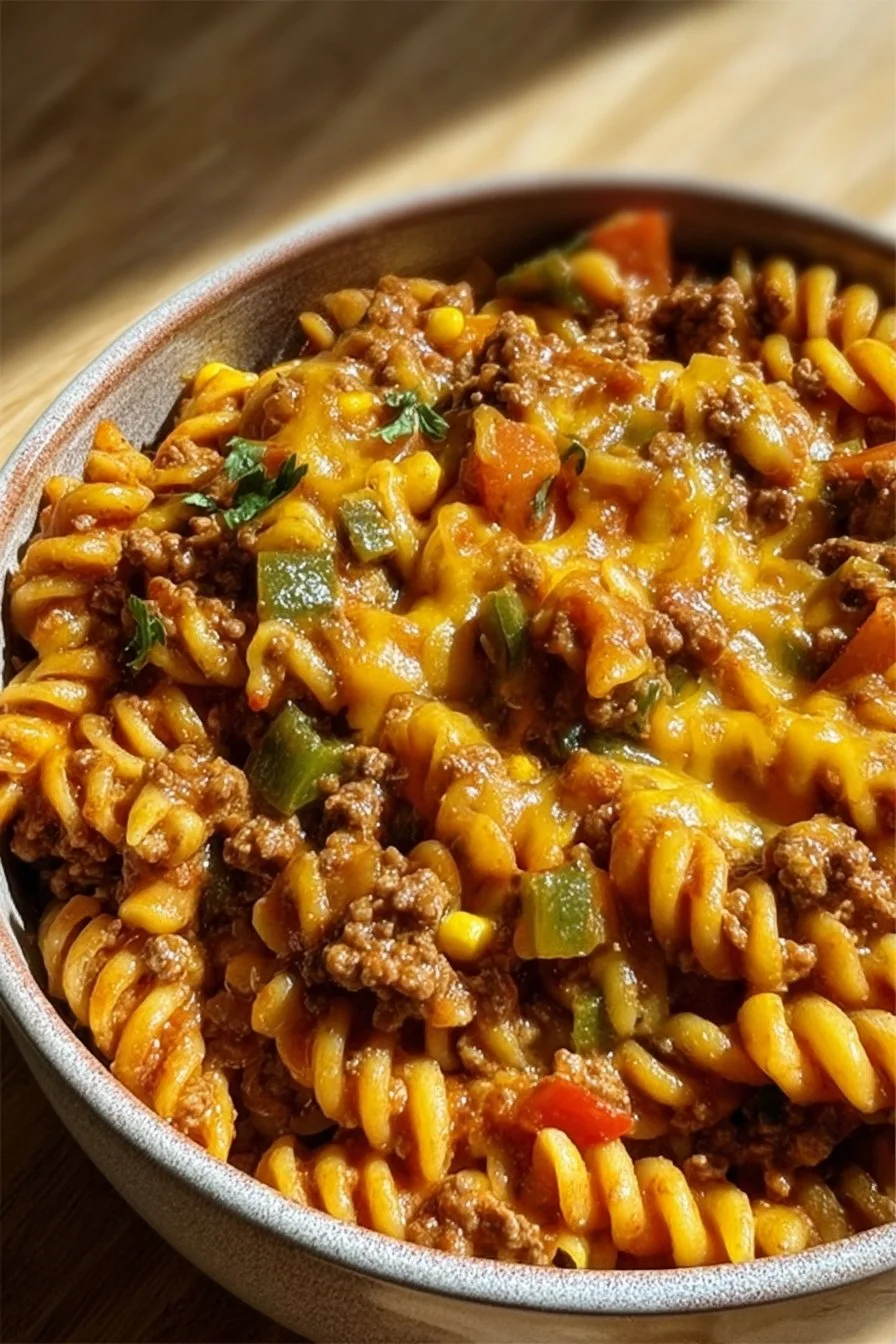 One Pot Taco Beef Pasta in a serving bowl with toppings