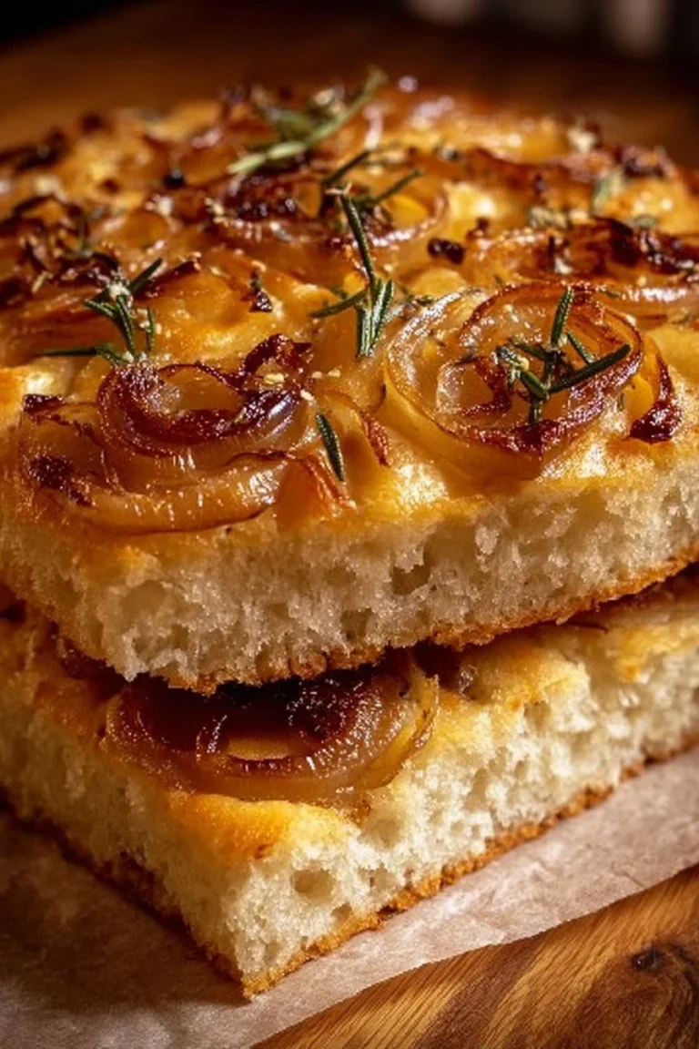 Freshly baked onion focaccia bread with herbs and olive oil