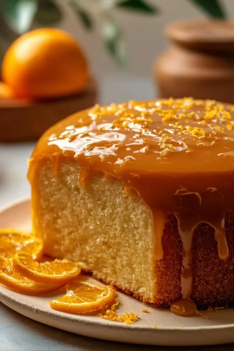 Slice of Orange Glazed Pound Cake with citrus drizzle on top