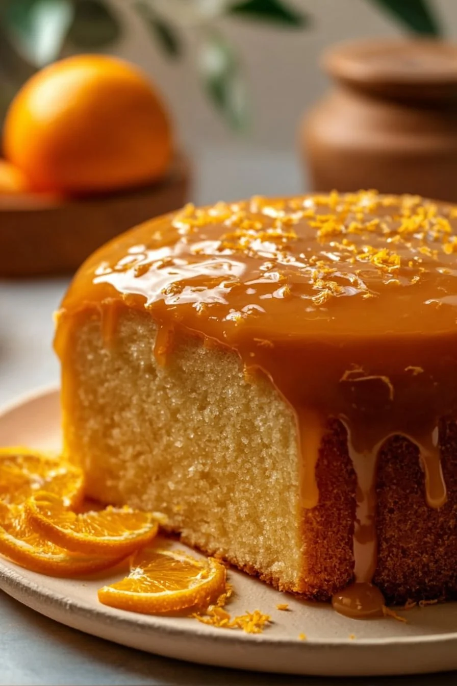 Slice of Orange Glazed Pound Cake with citrus drizzle on top