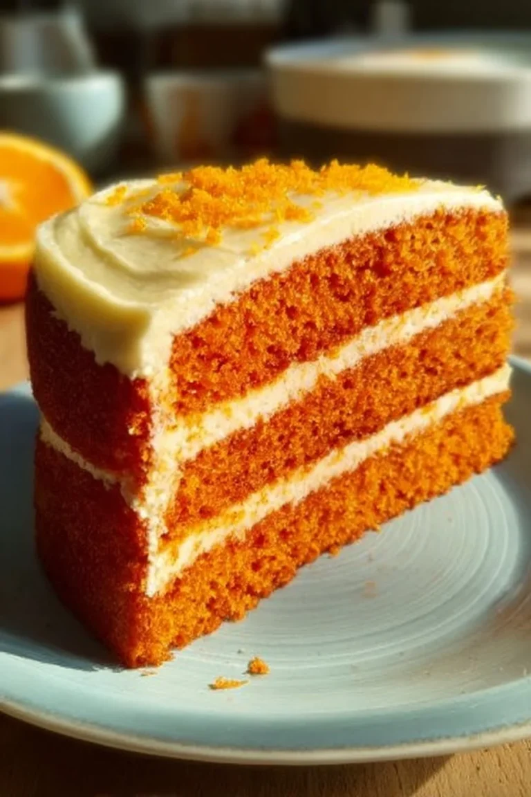 A delicious slice of orange velvet cake topped with creamy frosting and orange zest