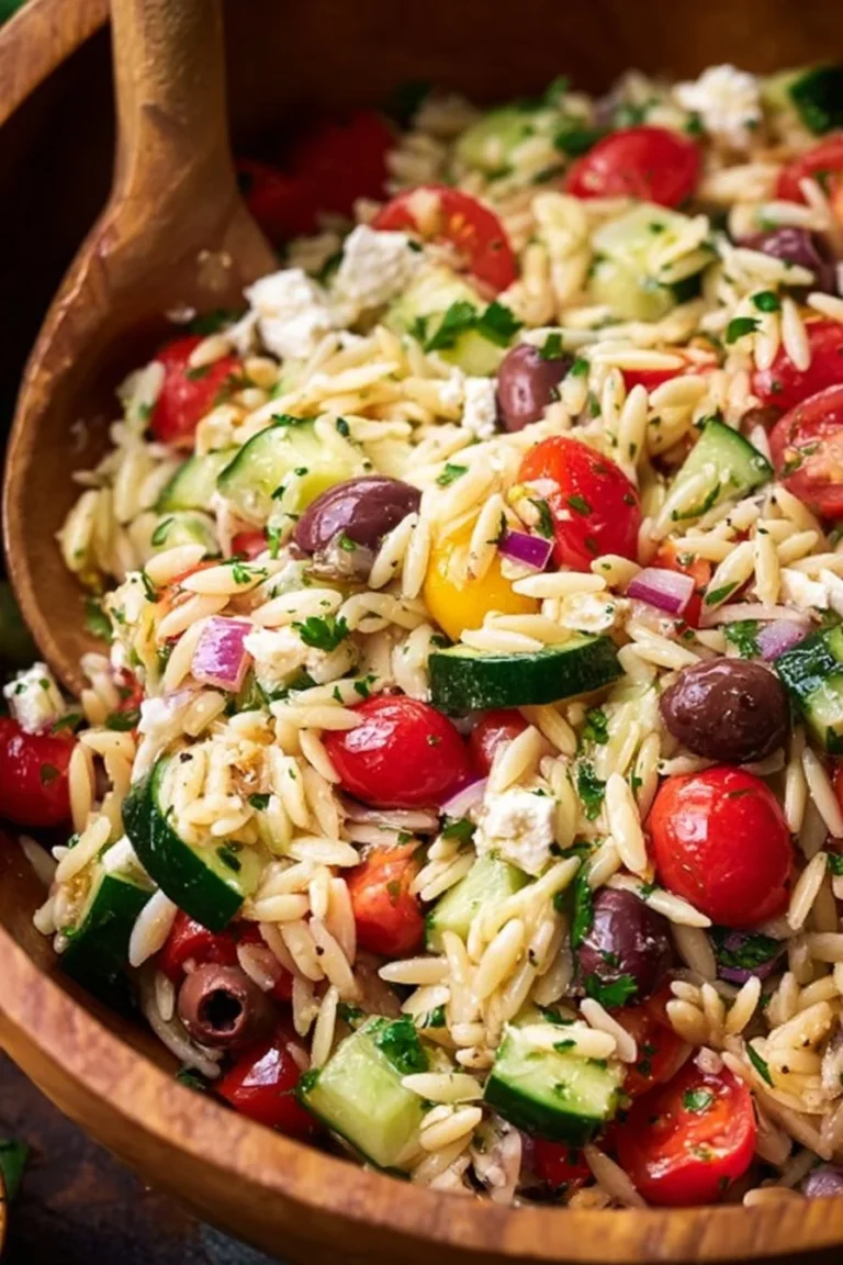 Colorful orzo salad with vegetables and herbs in a bowl