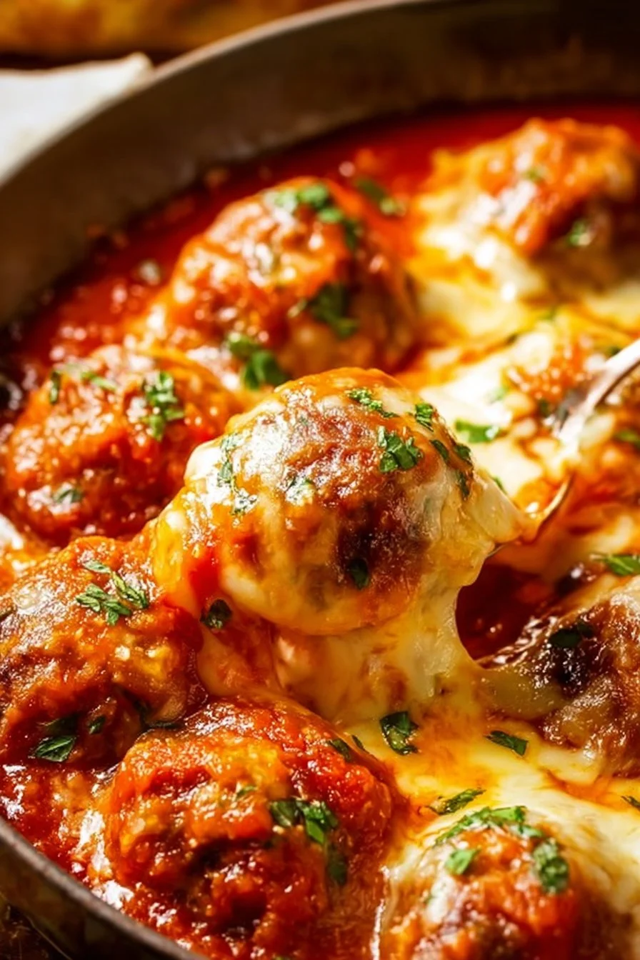 Oven baked meatballs served on a platter with sauce and herbs.