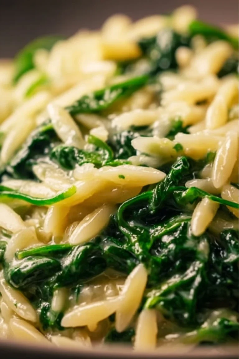Creamy Parmesan Spinach Orzo served in a bowl garnished with fresh spinach.