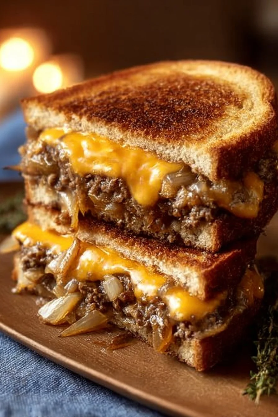 Delicious homemade Patty Melt with grilled onions and melted cheese on toasted bread