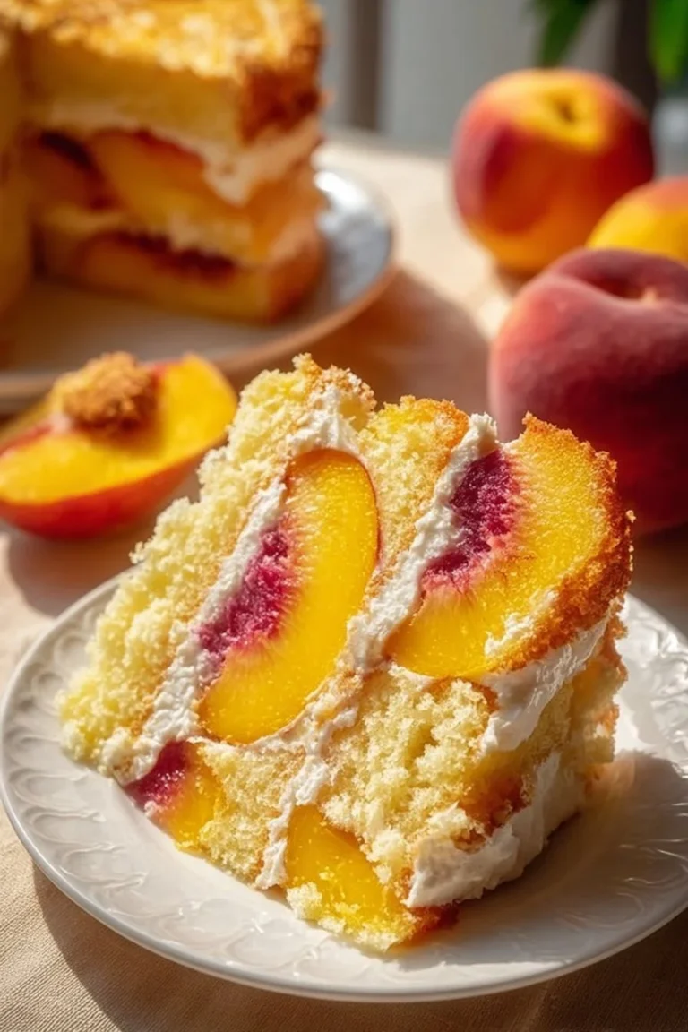Delicious Peach Cake topped with fresh peaches and cream