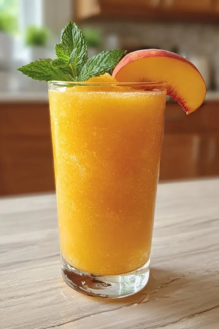 Cooling Peach Lemonade Slushie in a glass with peach slices