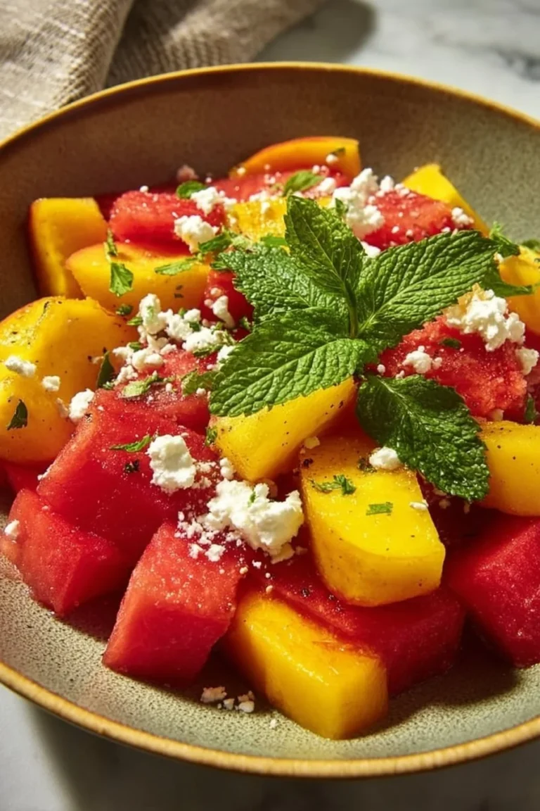 Fresh Peach Watermelon Salad with mint and lime dressing