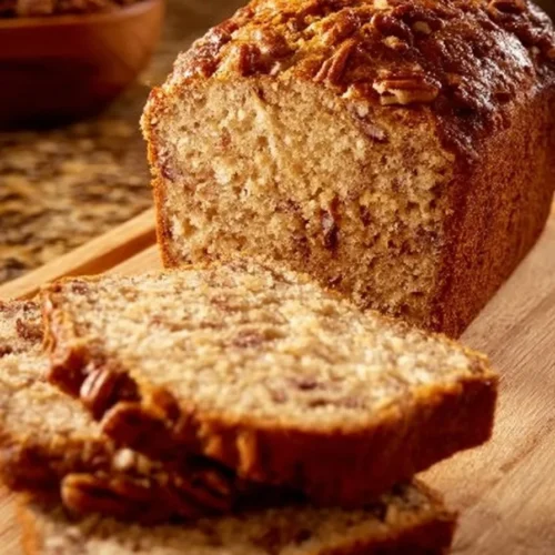 Freshly baked pecan bread with a golden crust and nutty topping