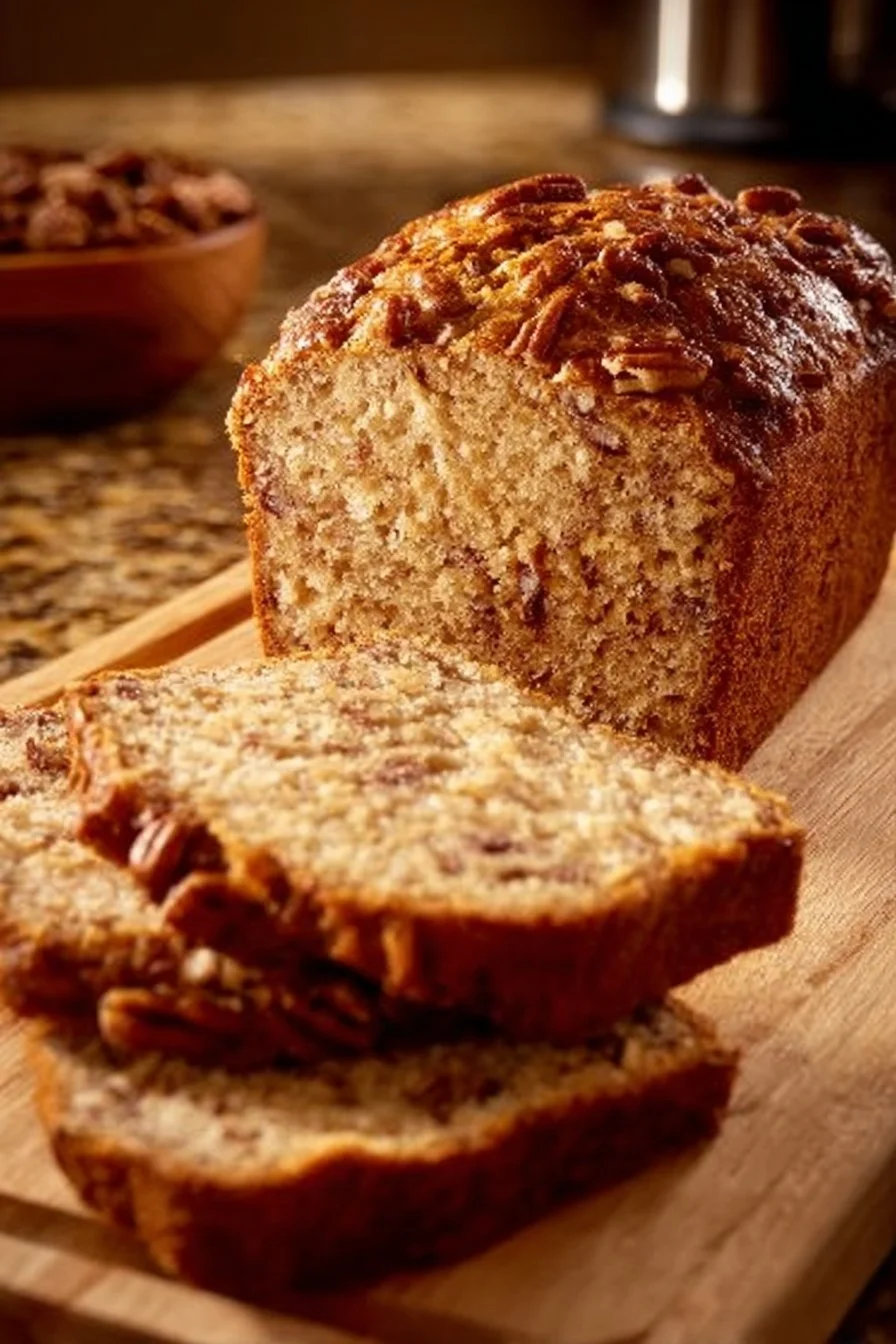 Freshly baked pecan bread with a golden crust and nutty topping