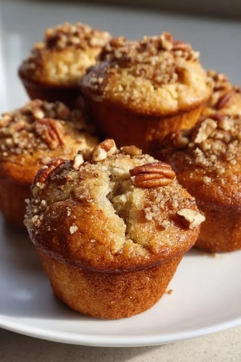 Freshly baked pecan muffins with a crunchy topping and a soft, fluffy interior.