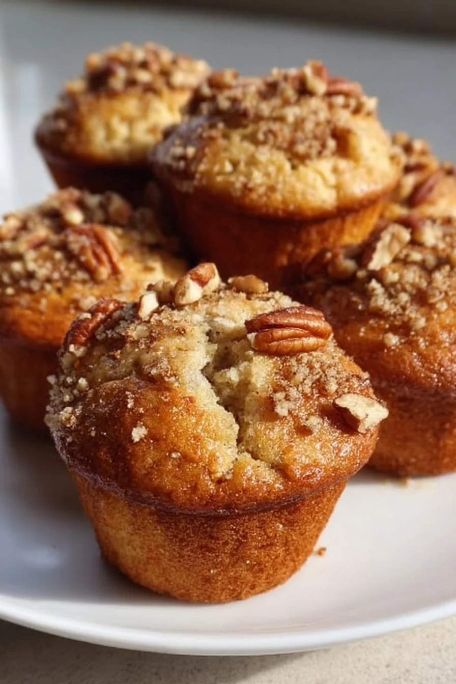 Freshly baked pecan muffins with a crunchy topping and a soft, fluffy interior.