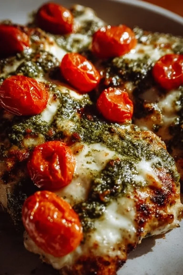 Pesto baked chicken with fresh herbs and vegetables, served on a plate.
