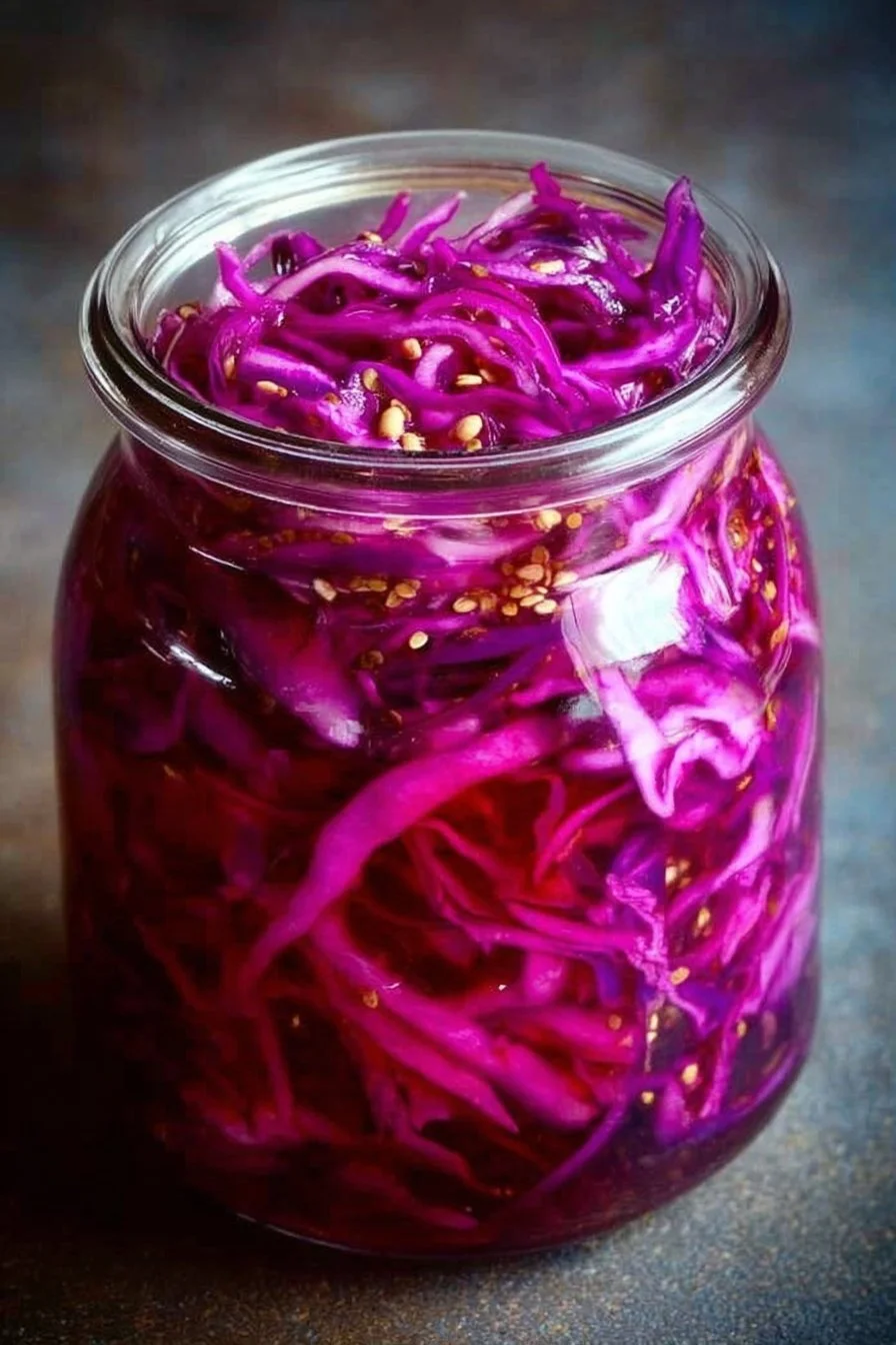 Homemade pickled cabbage in a glass jar, showcasing vibrant colors and textures.
