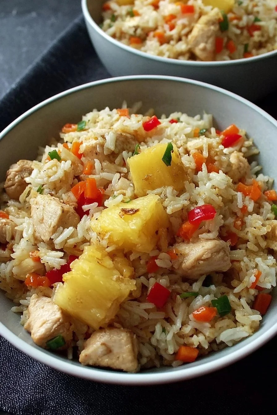 Delicious Pineapple Chicken Rice garnished with fresh herbs and pineapple pieces.