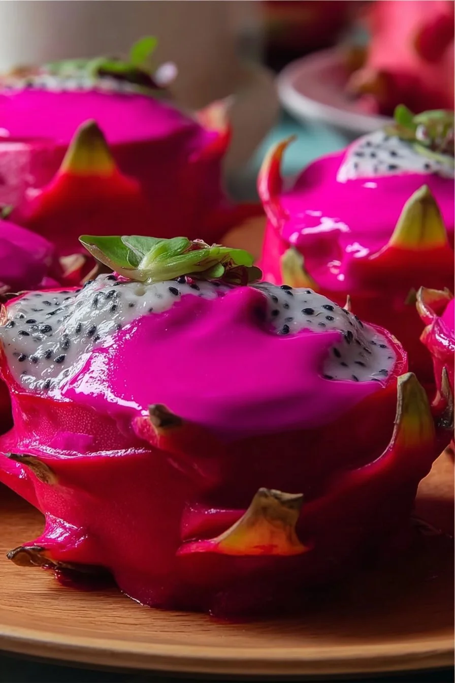 Bowl of pink dragon fruit sorbet topped with fresh fruit and mint leaves