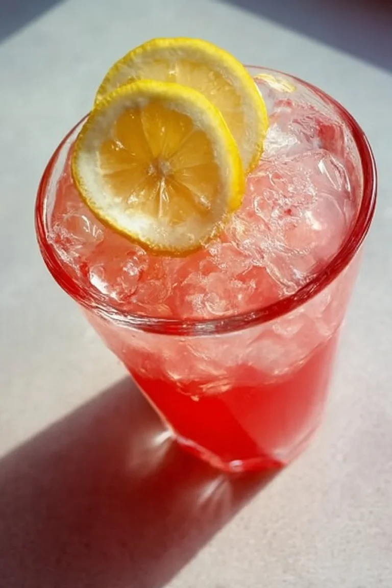 A refreshing glass of pink lemonade garnished with lemon slices and mint leaves.