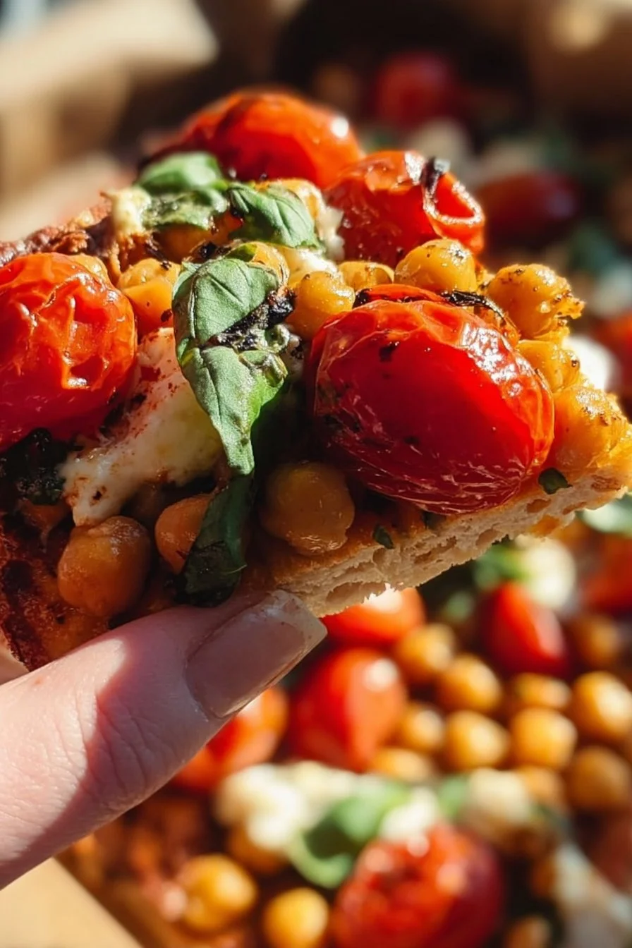 A delicious plate of pizza chickpeas with colorful toppings and herbs