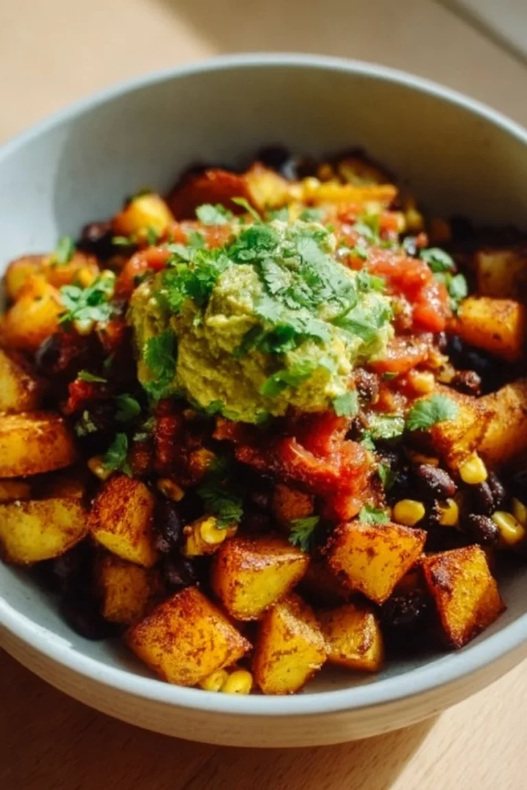 Colorful Potato Taco Bowl with crispy potatoes and fresh toppings