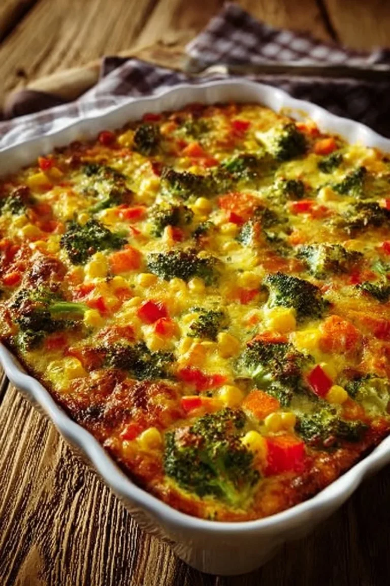 A colorful veggie casserole baked with fresh vegetables and cheese.