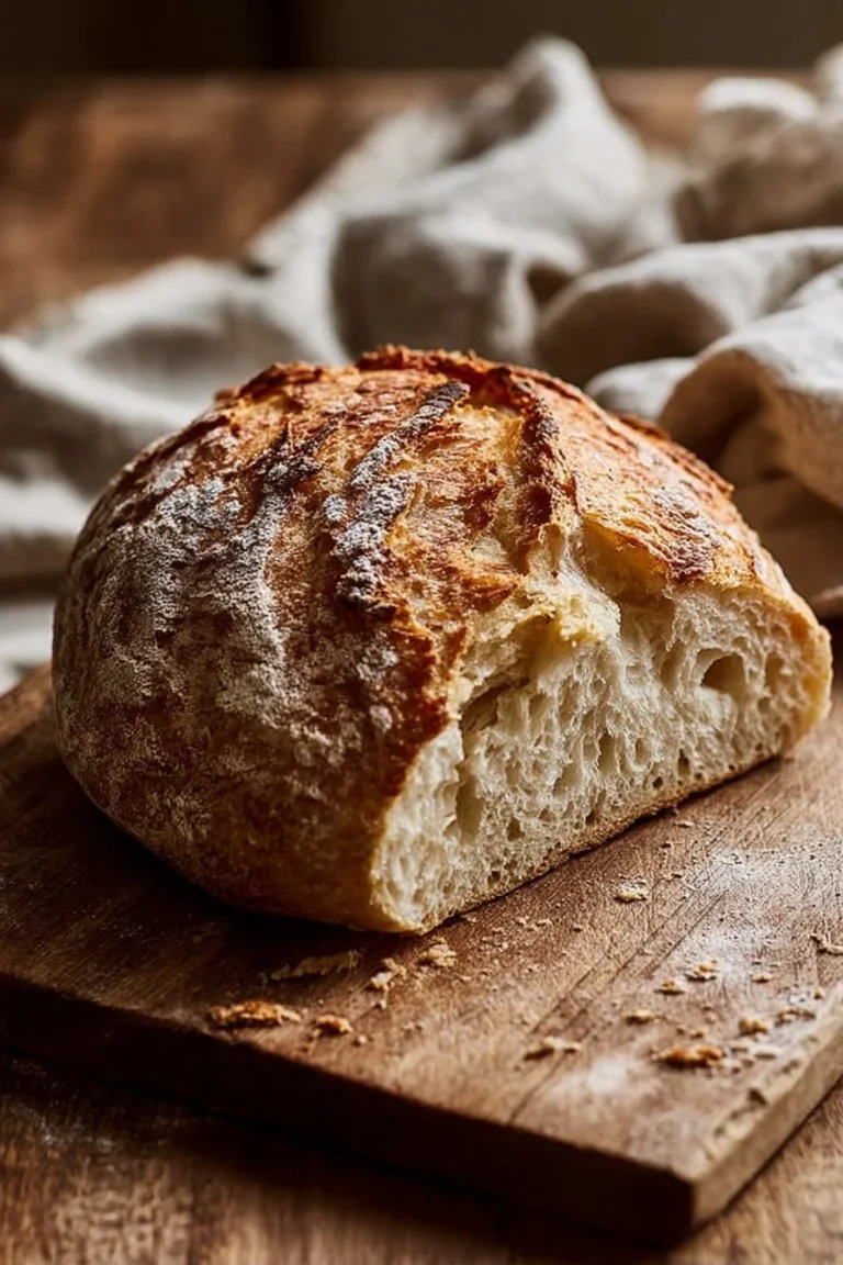 Freshly baked quick homemade crusty bread on a wooden table.