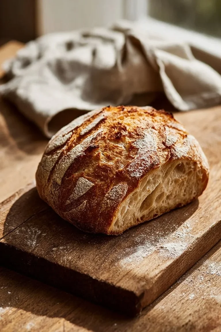 Freshly baked quick homemade crusty bread loaf on a wooden cutting board
