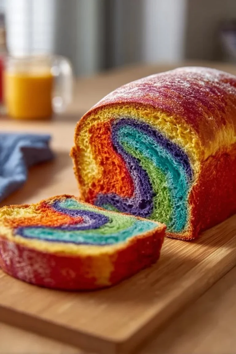 Colorful slices of homemade rainbow bread displayed on a wooden table.