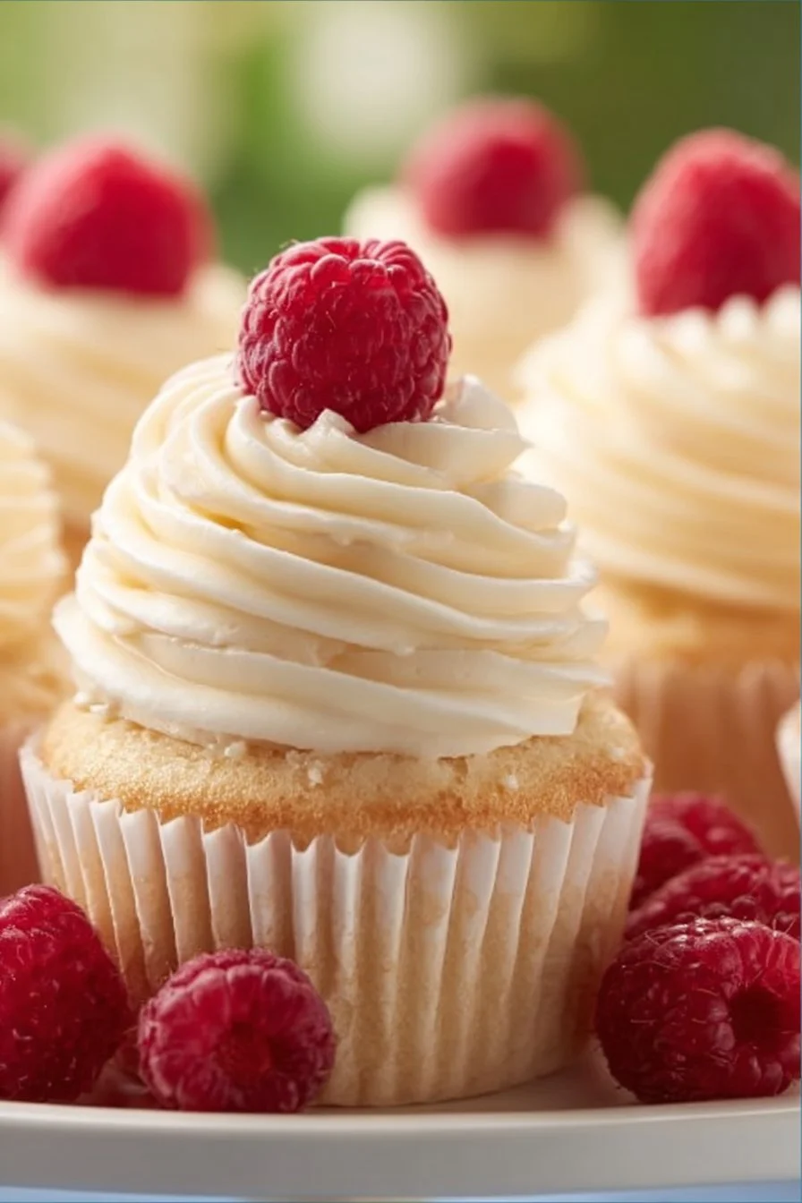 Raspberry Almond Cupcakes with pink frosting and fresh raspberries on top