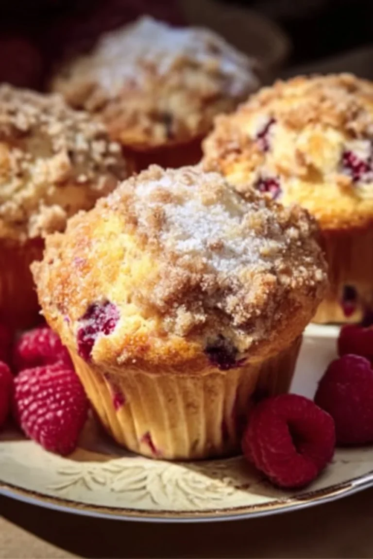 Freshly baked Raspberry Chocolate Chip Muffins on a rustic table