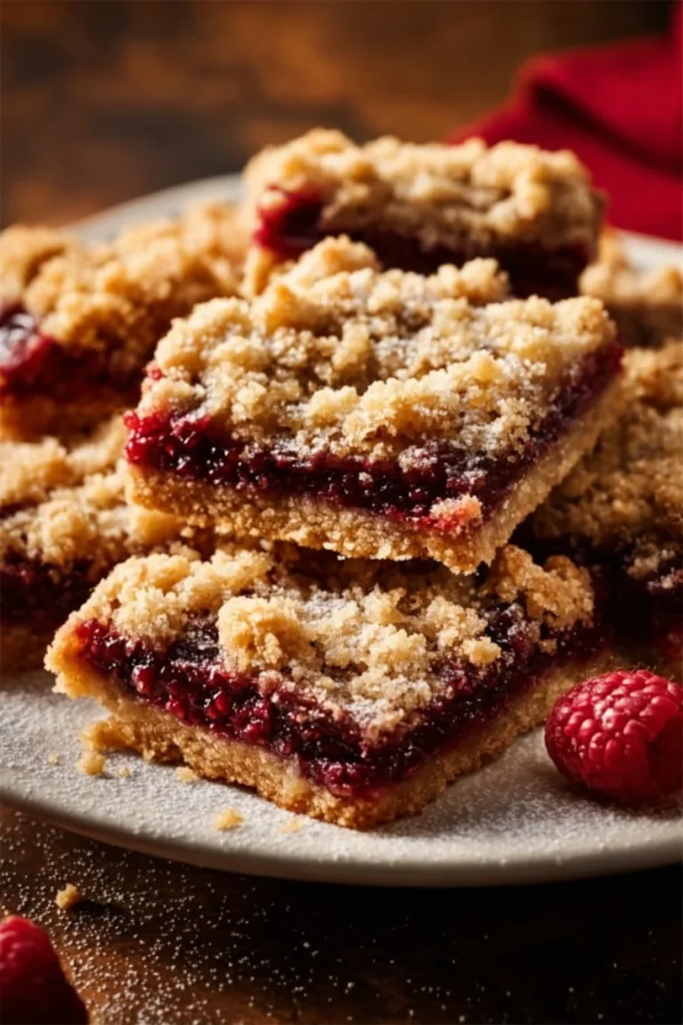 Homemade Raspberry Crumble Bars on a wooden table