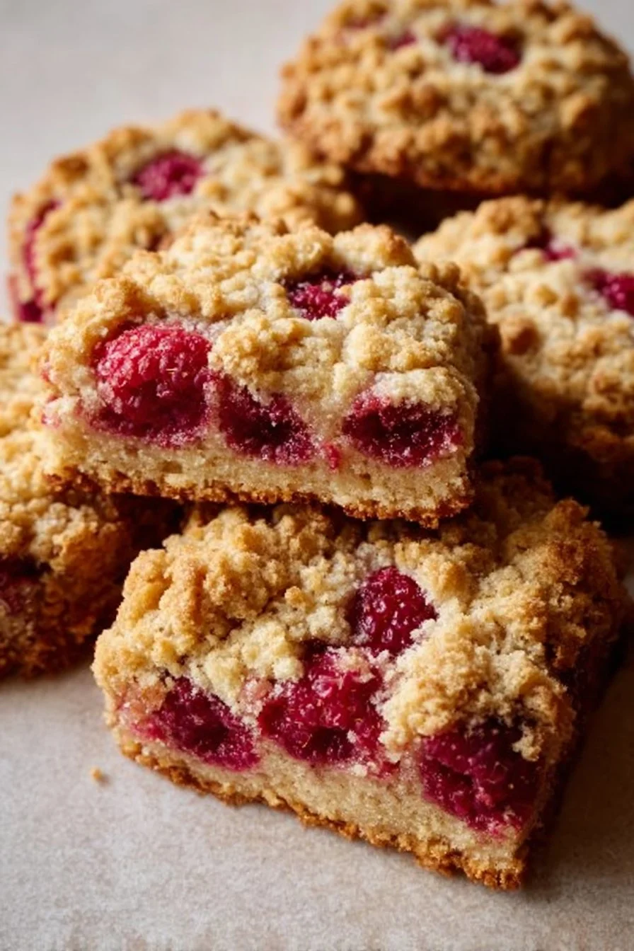 Plate of homemade Raspberry Crumble Cookies with berries and crumbs