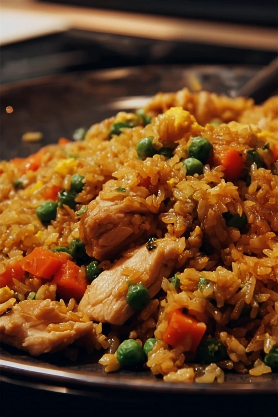 Plate of restaurant-style chicken fried rice with vegetables and chicken pieces