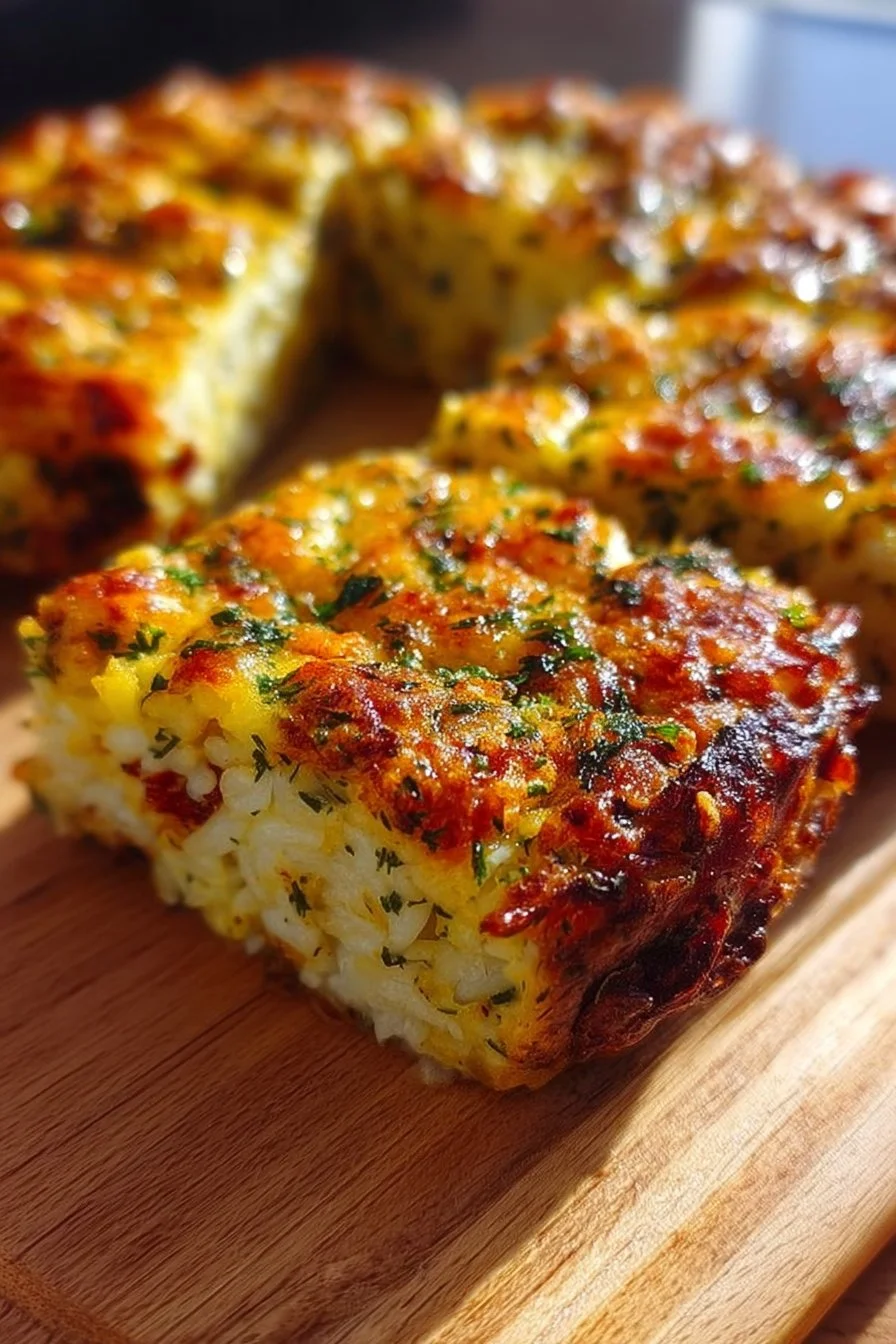 A delicious baked rice dish topped with veggies and cheese.