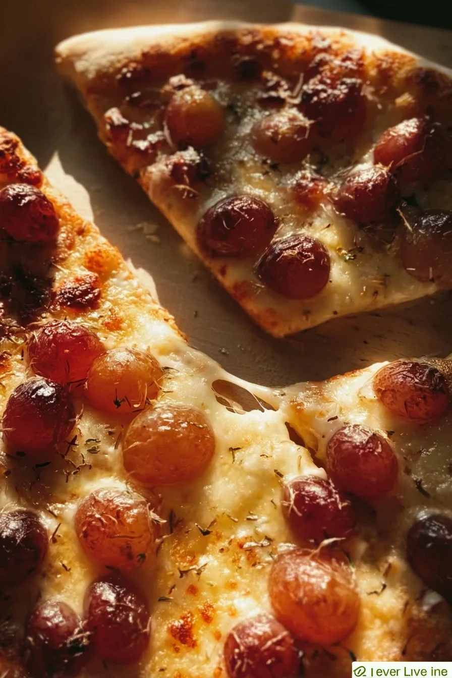 Delicious roasted grape pizza with cheese and herbs on a wooden board