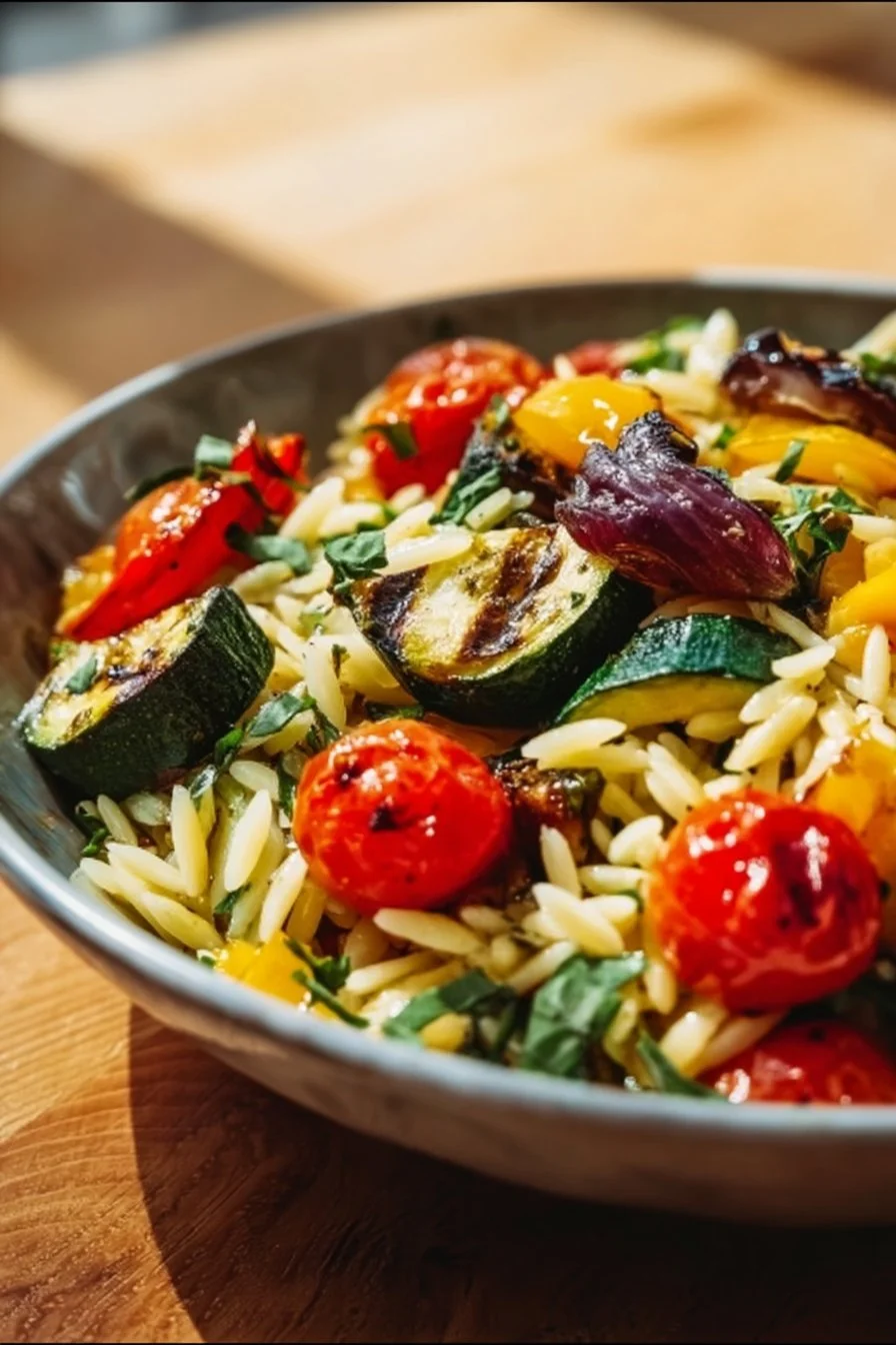 Roasted Vegetable Orzo Bowl with fresh vegetables and herbs