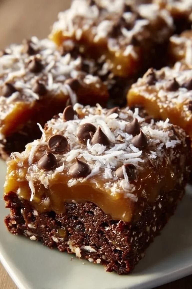 Delicious Samoa Brownies topped with coconut and caramel