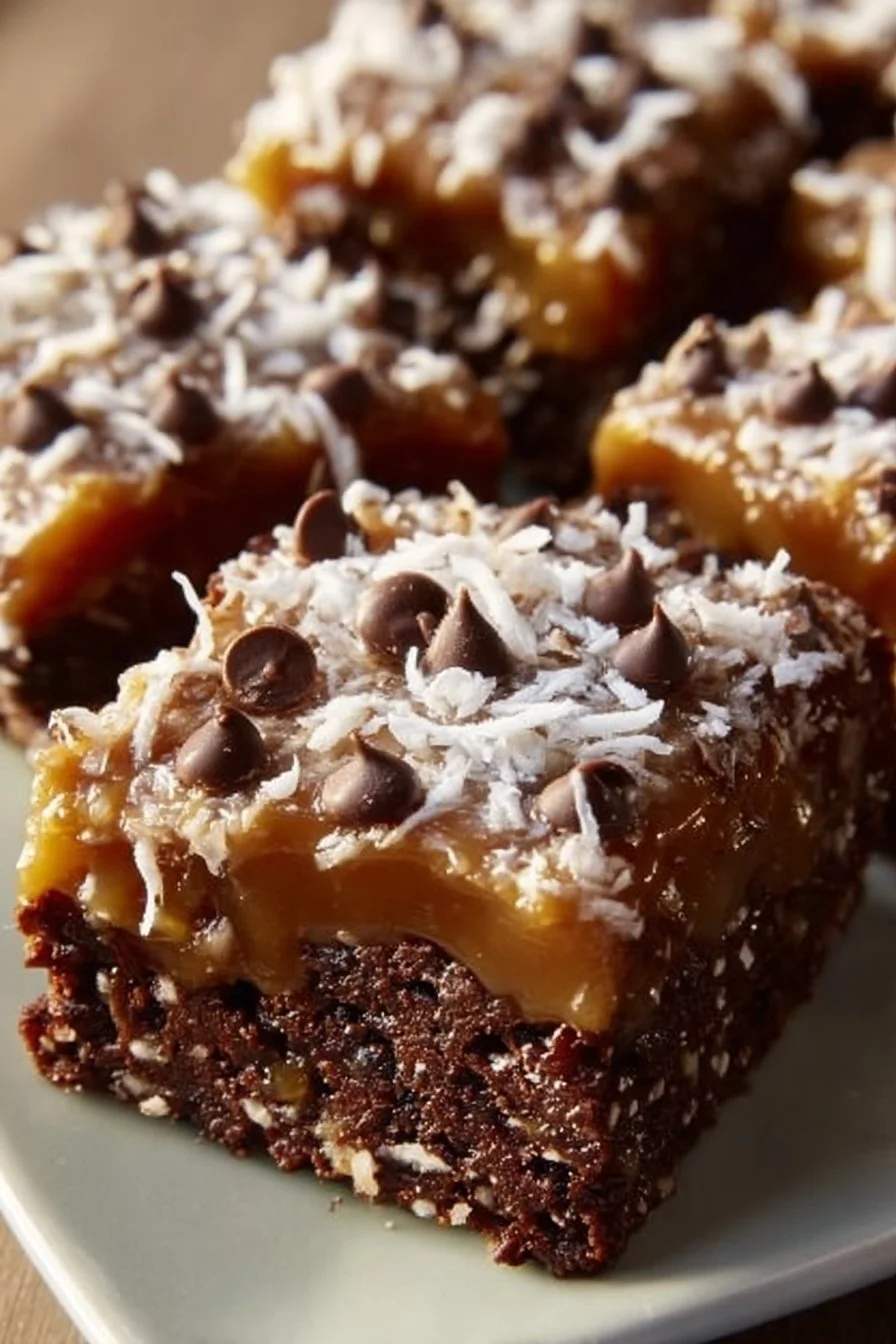 Delicious Samoa Brownies topped with coconut and caramel