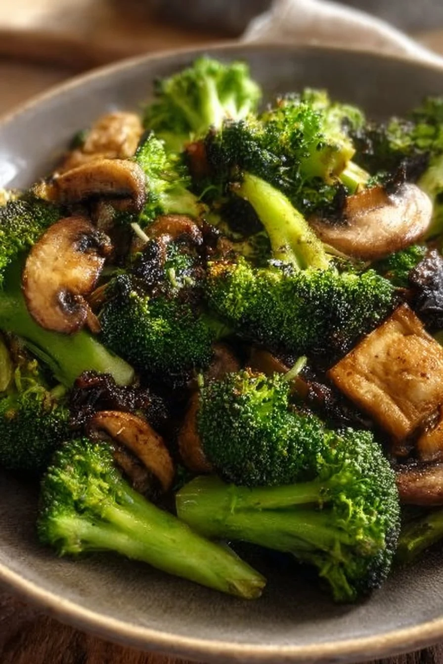Close-up of sautéed mushrooms and broccoli on a plate