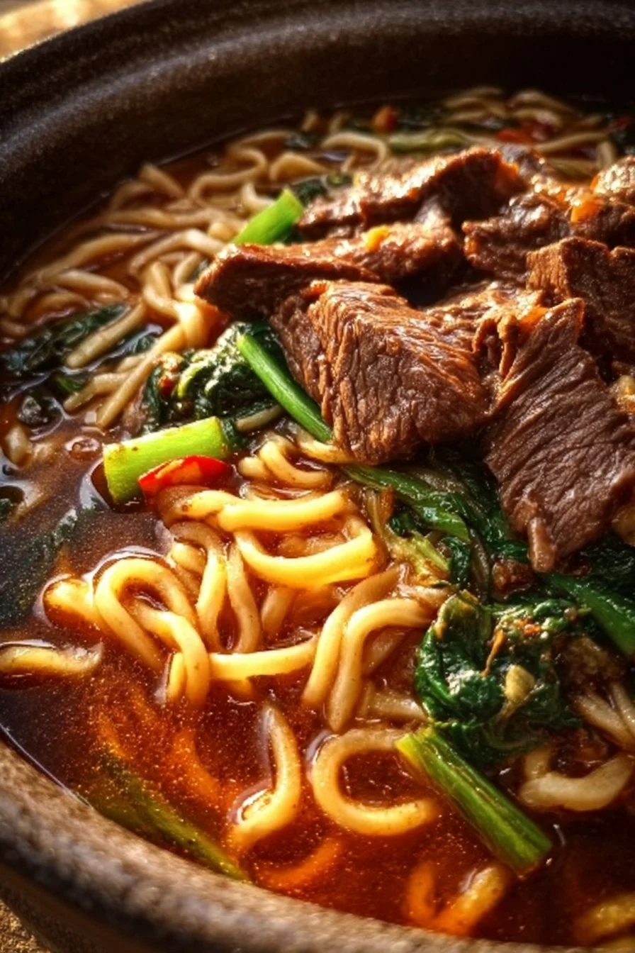 Delicious plate of savory beef and noodles topped with fresh herbs
