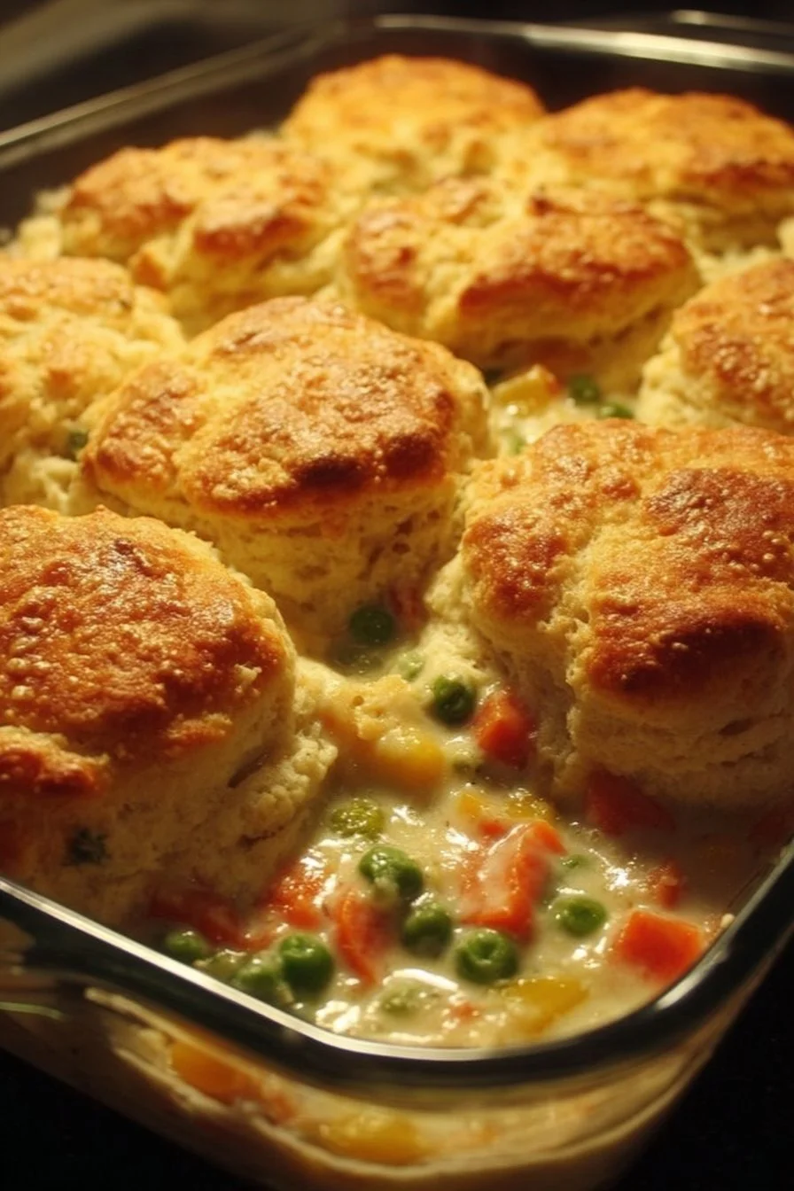 Savory chicken biscuit casserole with flaky biscuits and tender chicken
