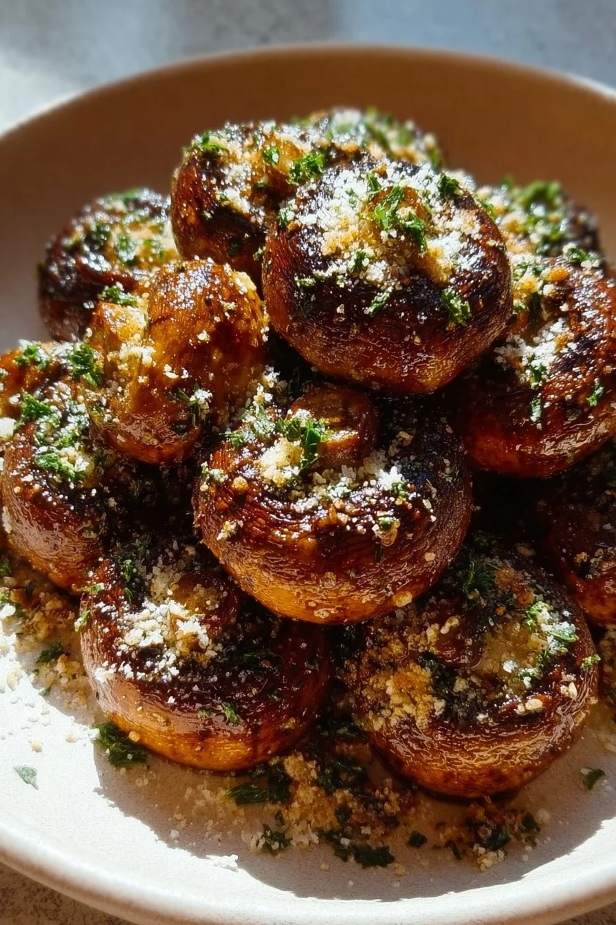 Savory garlic parmesan mushrooms in a white dish garnished with parsley.