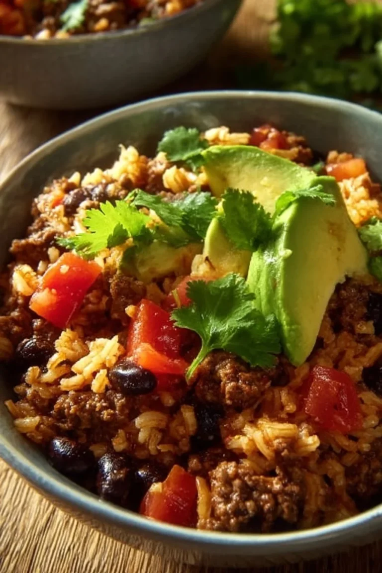 Savory ground beef bowl with fresh vegetables and spices