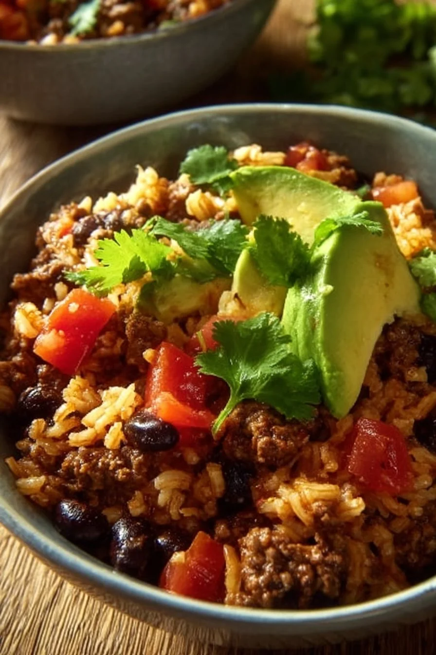 Savory ground beef bowl with fresh vegetables and spices