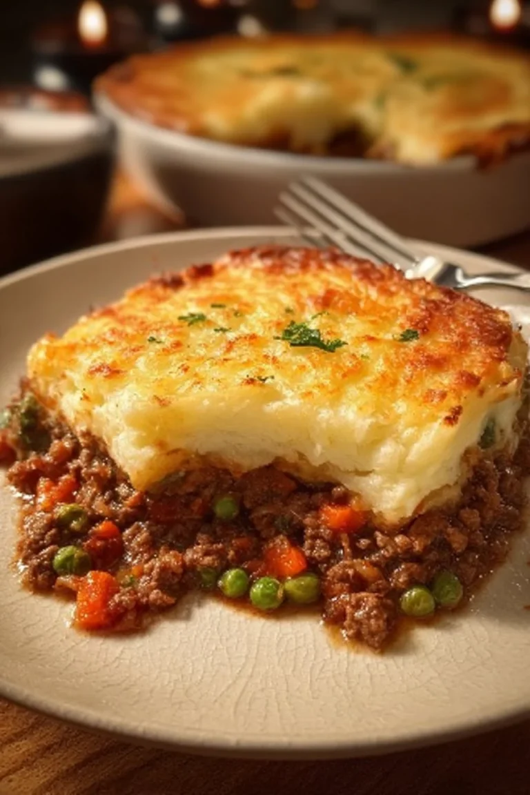 Savory ground beef potato pie with golden crust and creamy filling