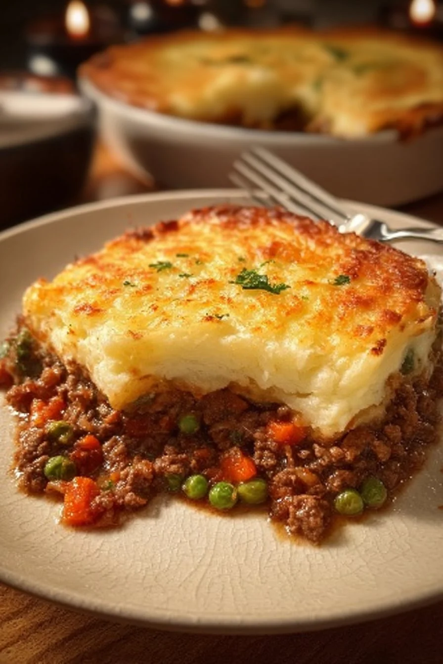 Savory ground beef potato pie with golden crust and creamy filling
