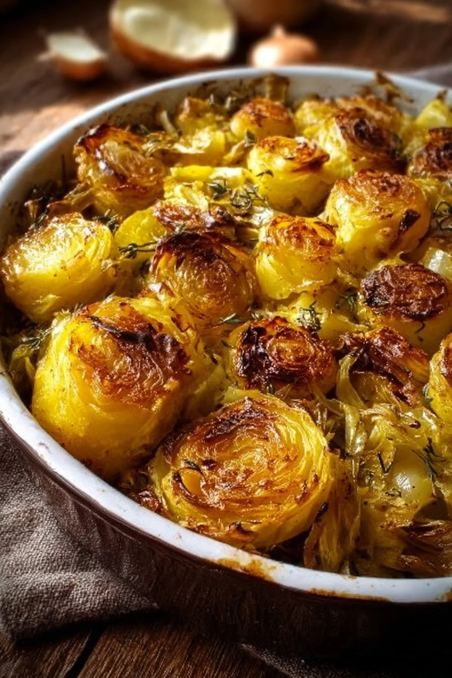 Savory roasted cabbage potatoes dish garnished with herbs