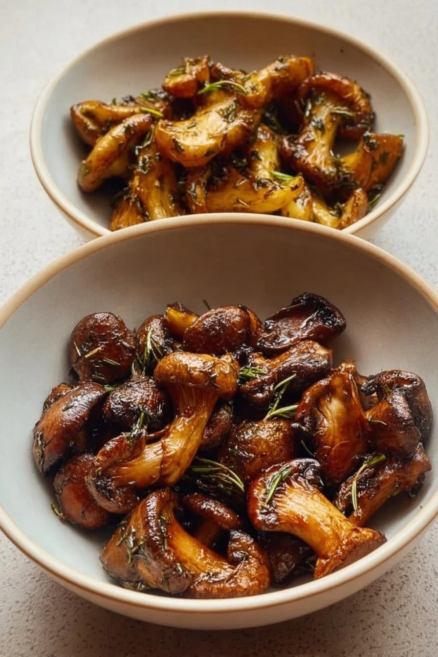 Plate of savory roasted mushrooms garnished with herbs and spices