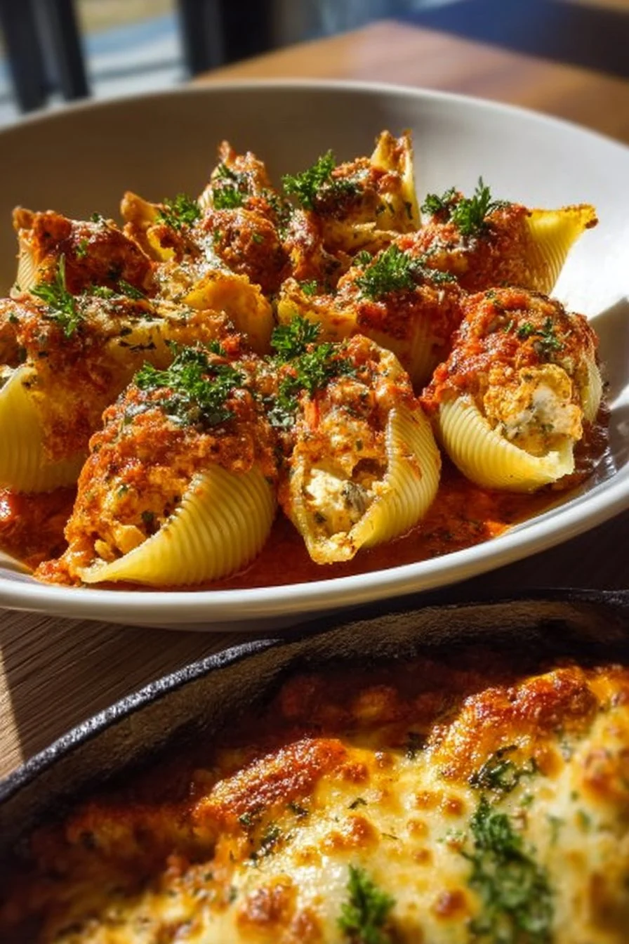 Delicious Seafood Stuffed Shells filled with shrimp and crab