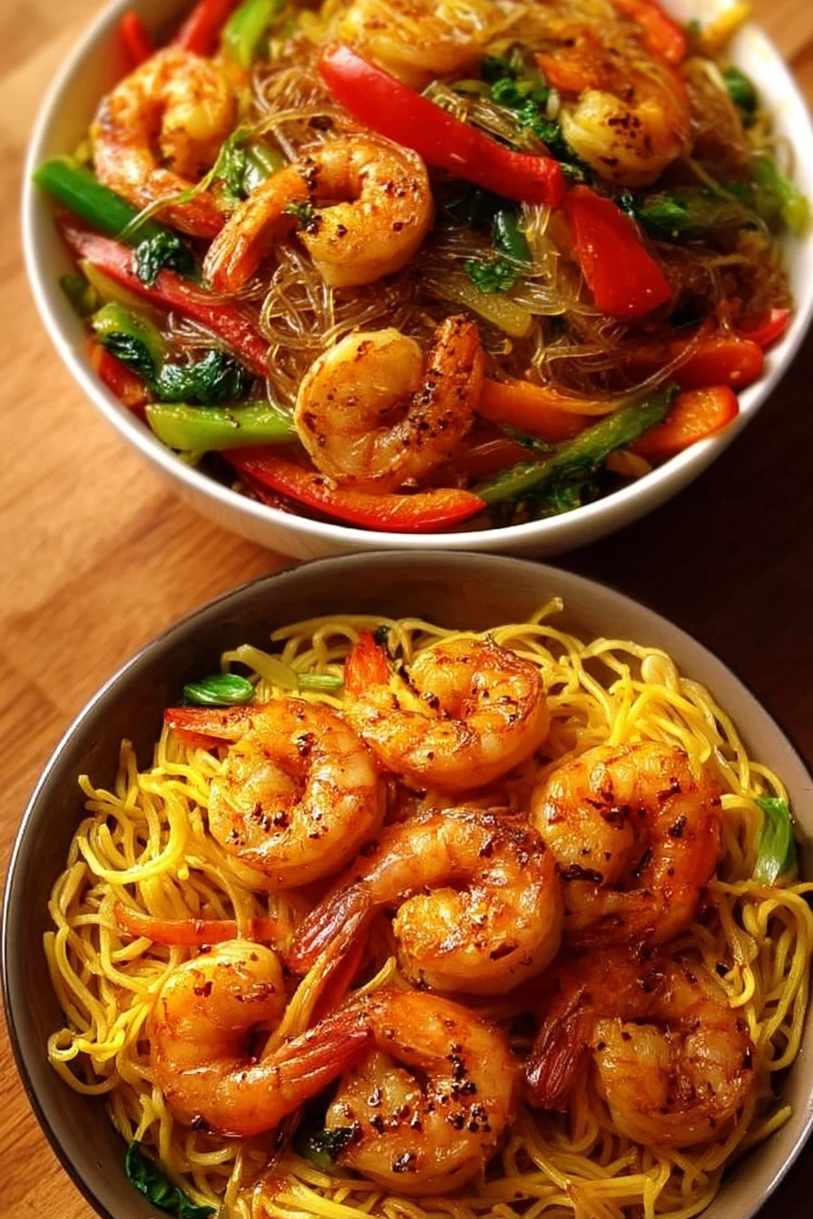 Colorful shrimp noodle stir fry with vegetables served in a bowl.